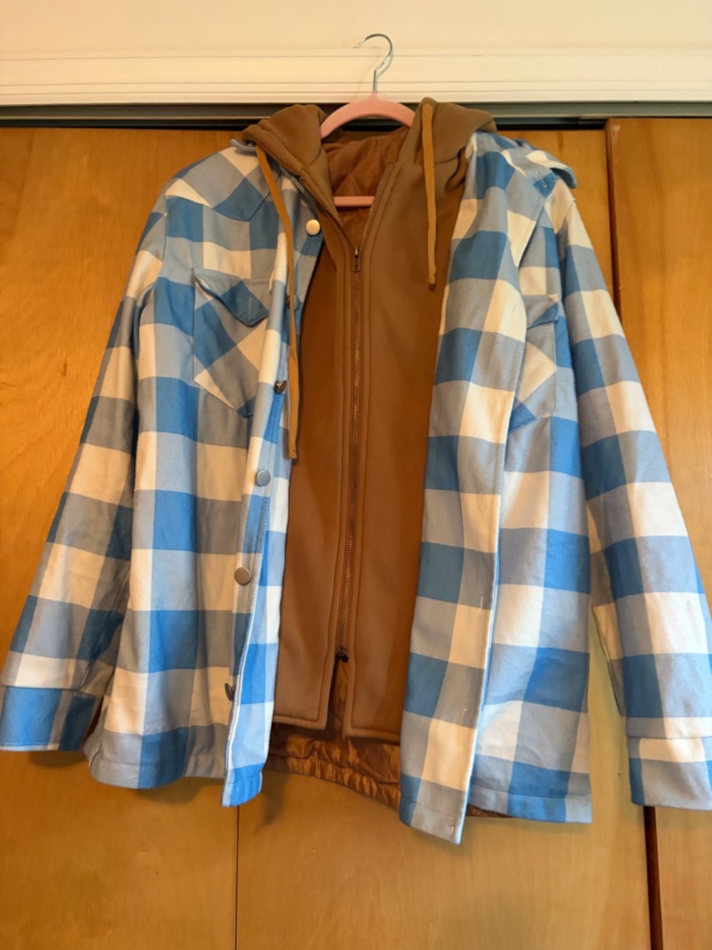 Men’s Blue & White Plaid flannel Jacket with Brown Hooded Liner